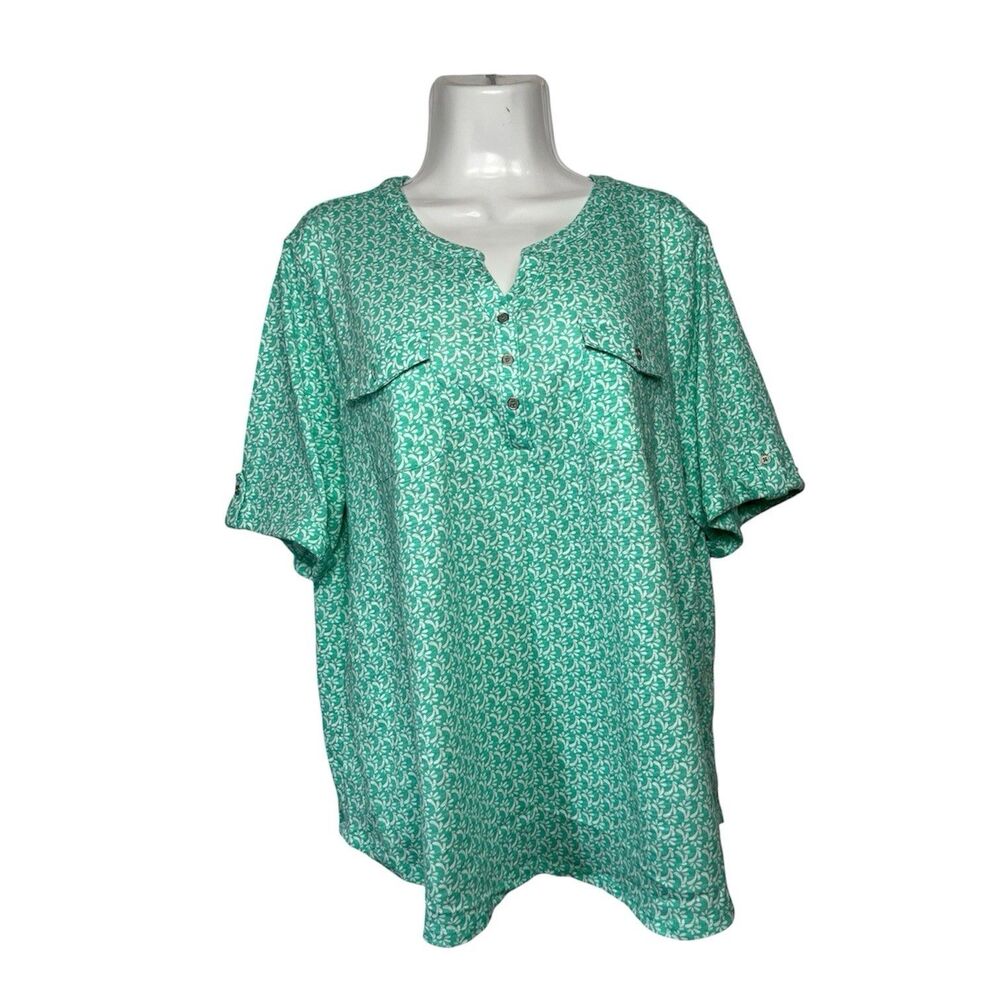 Croft & Barrow Top Blouse XXL Women Green White Floral Leaf Henley Pocket Casual